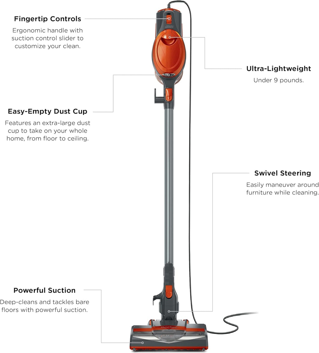 Shark Rocket Ultra-Light | Corded Stick Vacuum Cleaner for Carpet, Rugs & Hard Floors | Lightweight Hand Vacuum for Pet Hair & Upholstery | Swivel Steering | 2 Attachments | Gray/Orange | HV301