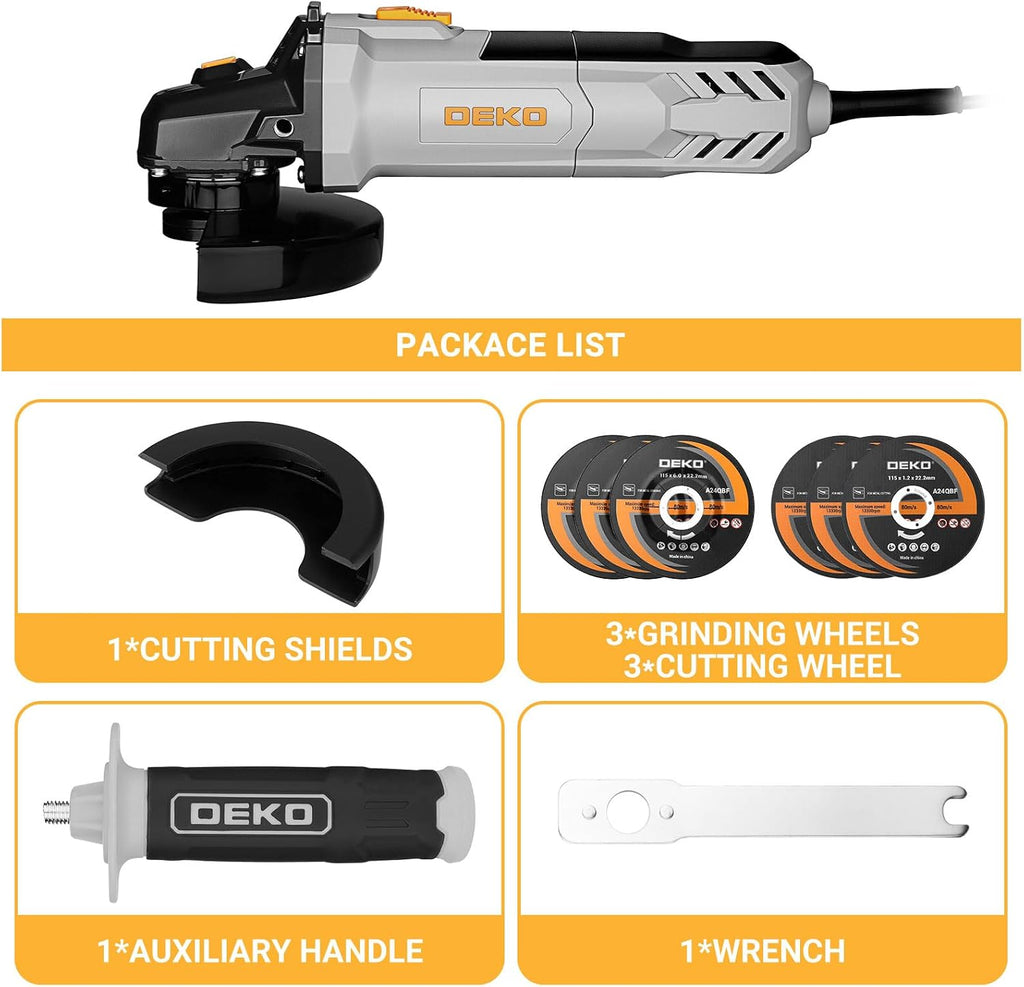 8-Amp Angle Grinder: DEKOPRO 4-1/2 inch Electric Corded Grinder Power Tools with Grinding and Cutting Wheels, Auxiliary Handle and Wrench for Cutting, Polishing and Grinding
