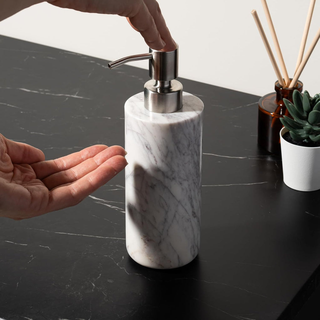 Cork & Mill Marble Bathroom Accessories Set, Solid Natural Marble, Complete Vanity Set with Soap Dispenser, Toothbrush Holder & Canister with Lid for Qtips, White Bathroom Countertop Decor