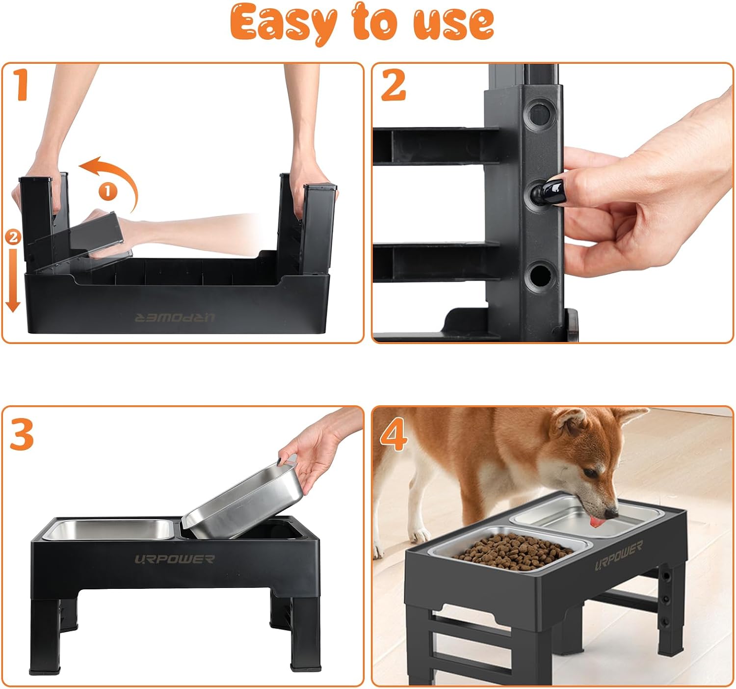 URPOWER Raised Dog Bowls 4 Height Adjustable Elevated Bowl Stand with Stainless Steel Water Bowl Non-Slip Dog Food Bowls Stand for Small Medium Large Dogs and Pets