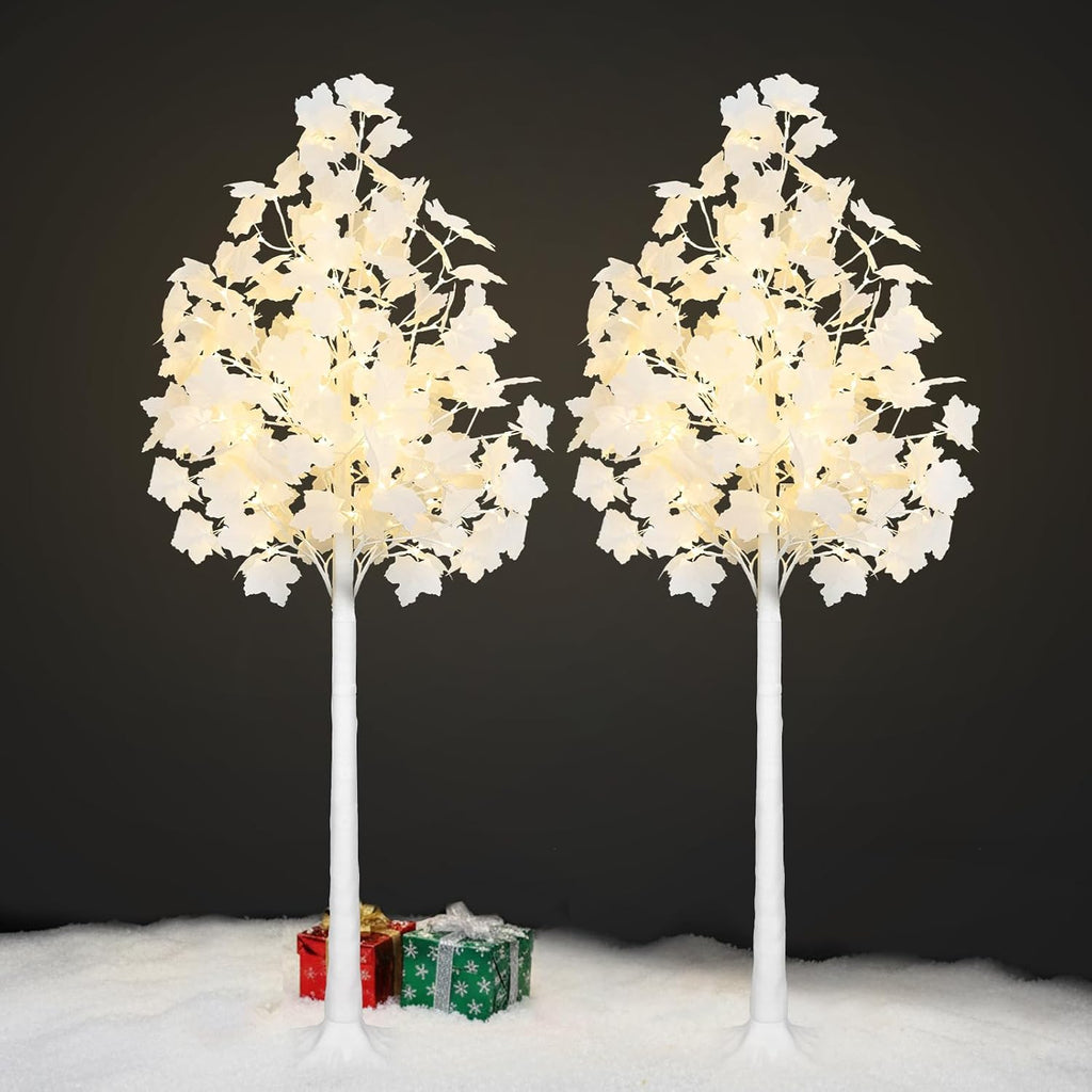 VIVATREES 2 Pack 5FT Artificial Lighted Maple Tree, Light Up Fall Tree with 192 LED Lights for Indoor Outdoor Decor (Warm White & Cold White)
