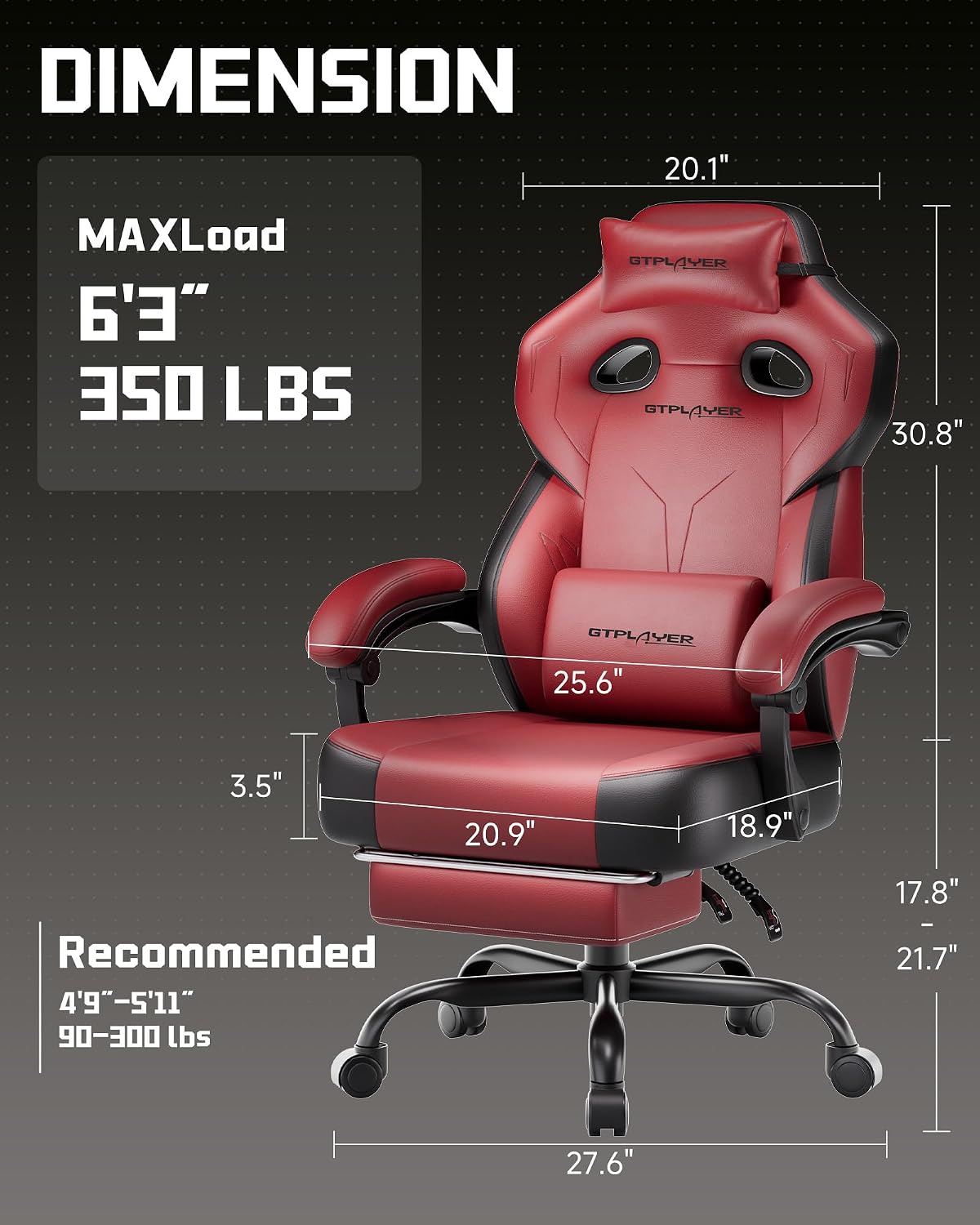 GTPLAYER Big & Tall Gaming Chair, 90°-155° Adjustable Reclining Office Seat with Footrest, Ergonomic Comfy Computer Desk Chair for Adults, Home Office Gaming Study Use, Wine Red (Leather)