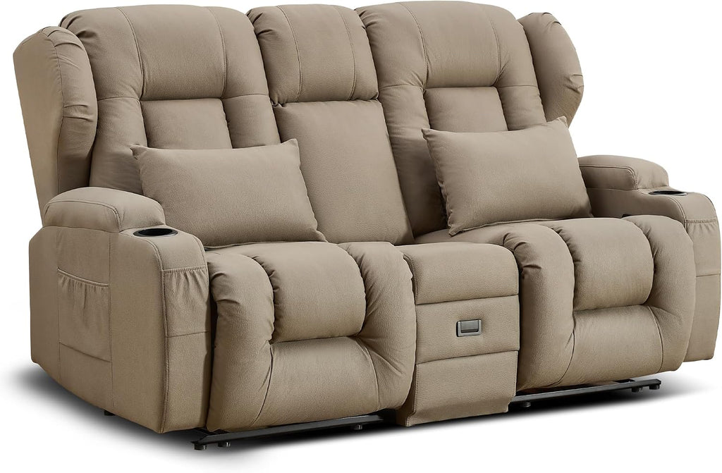 URRED Loveseat Recliner Sofa, Manual Reclining Loveseat Sofa with Flip-Down Console, Home Theater RV Recliner Couch with Cup Holders and Storage for Living Room (Khaki)