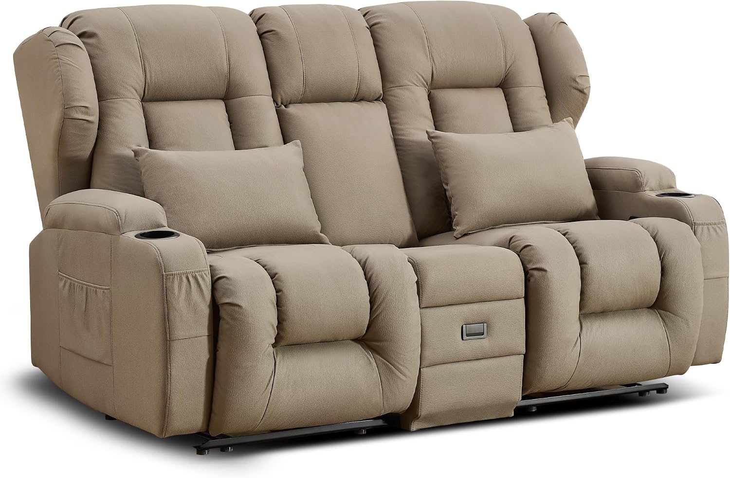 URRED Loveseat Recliner Sofa, Manual Reclining Loveseat Sofa with Flip-Down Console, Home Theater RV Recliner Couch with Cup Holders and Storage for Living Room (Khaki)