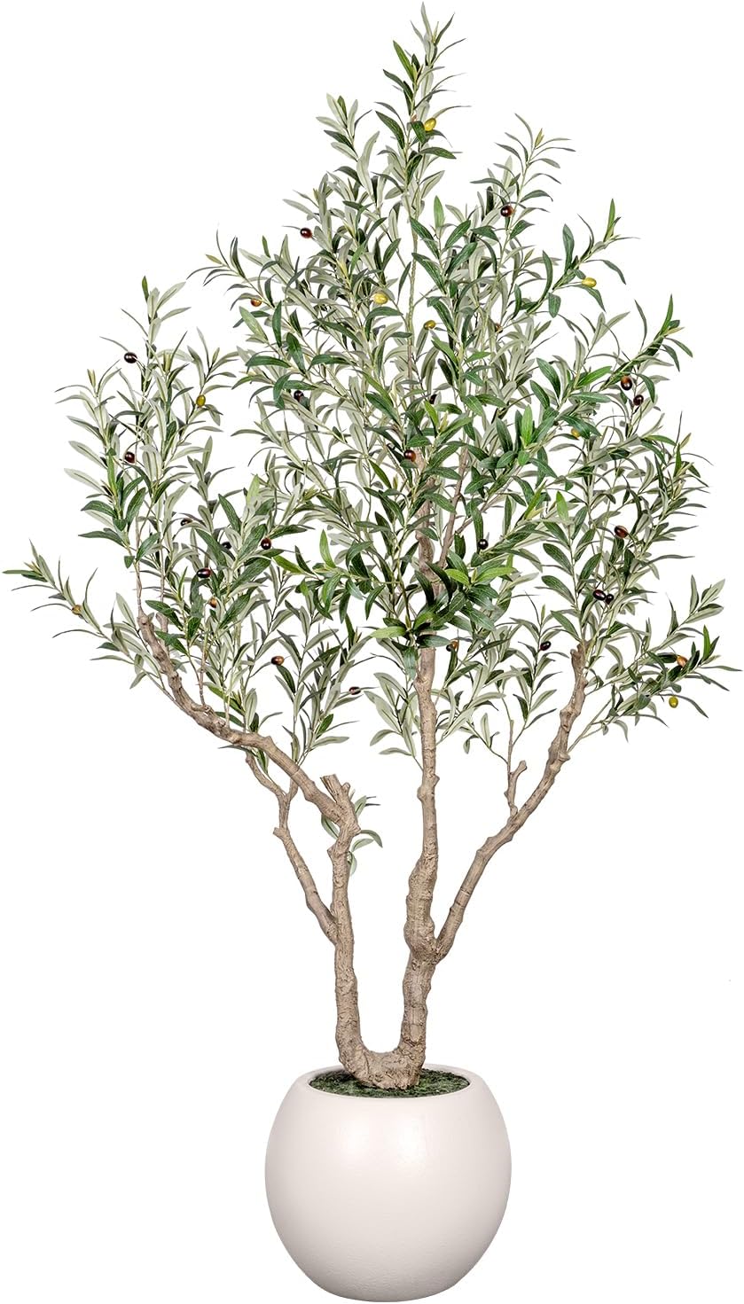 VIVATREES Olive Tree Artificial Indoor, 7FT Tall Faux Olive Tree with 16in Round White Planter, Artificial Plants with Natural Wood Trunk and Lifelike Fruits for Home Office Decor