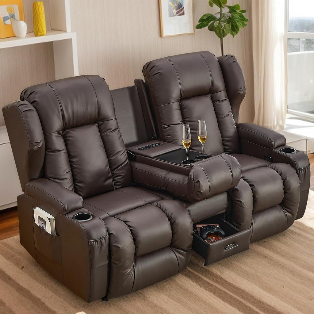 URRED Loveseat Recliner Sofa, Manual Reclining Loveseat Sofa with Flip-Down Console, Home Theater RV Recliner Couch with Cup Holders and Storage for Living Room (Brown)
