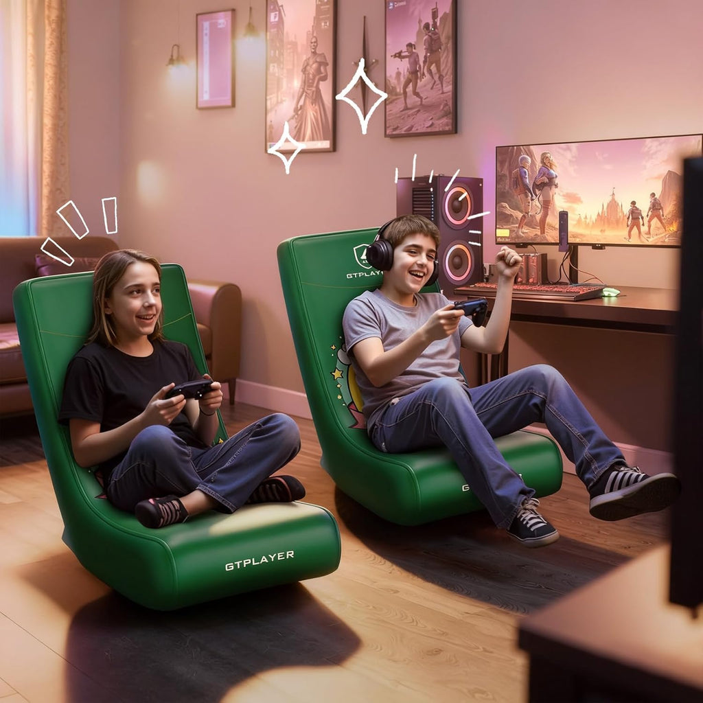 GTPLAYER Gaming Floor Rocking Chair – Rocker Floor Game Chair with Angle Limiter, Stylish Patterned Design, Comfortable Video Game Seat, Green Cat Pattern