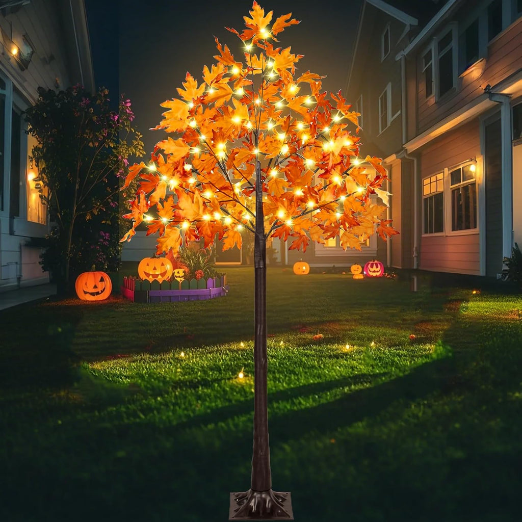 VIVATREES Set of 2, 6FT Artificial Lighted Maple Trees with 240 LEDs, Fall Tree with Warm White Lights for Indoor Outdoor Autumn Halloween Thanksgiving Decor