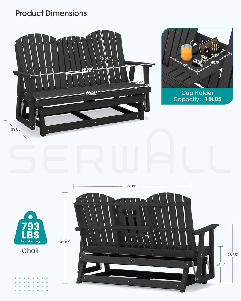 SERWALL 3 Person Outdoor Glider Bench with Cup Holder and iPad Placement,Oversized 66" HDPE Patio Glider Bench, All Weather Patio Glider Chair for Garden,Park,Yard,Front Porch,Black