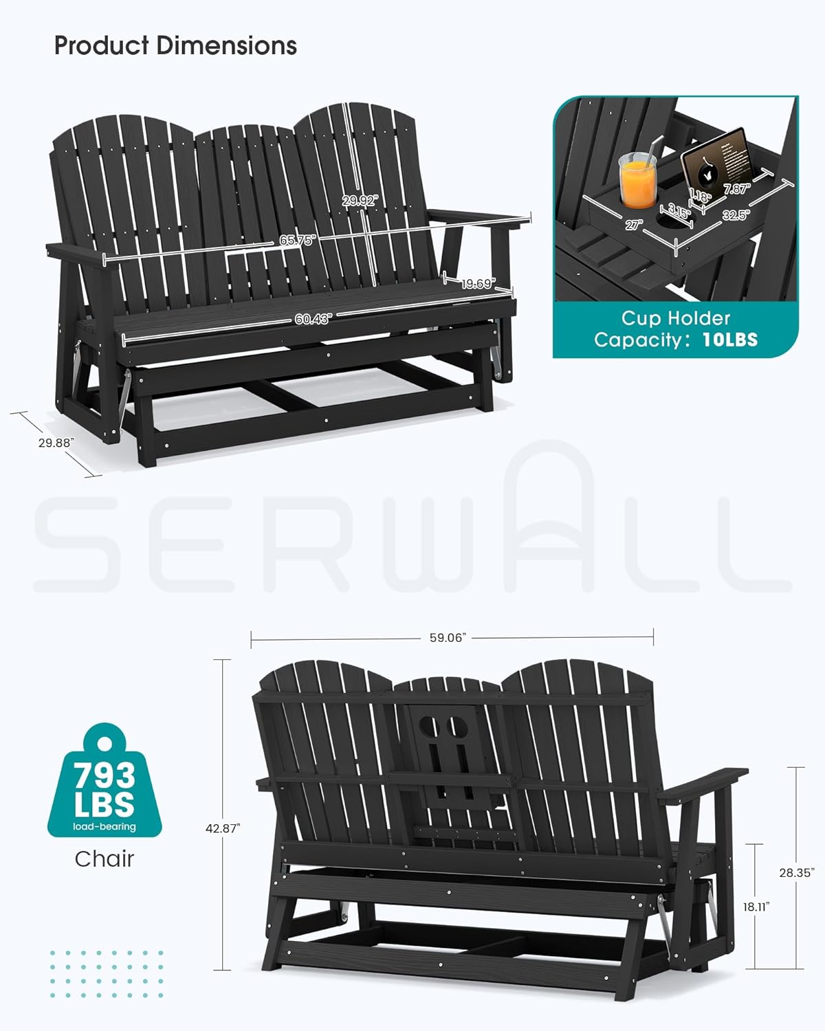 SERWALL 3 Person Outdoor Glider Bench with Cup Holder and iPad Placement,Oversized 66" HDPE Patio Glider Bench, All Weather Patio Glider Chair for Garden,Park,Yard,Front Porch,Black