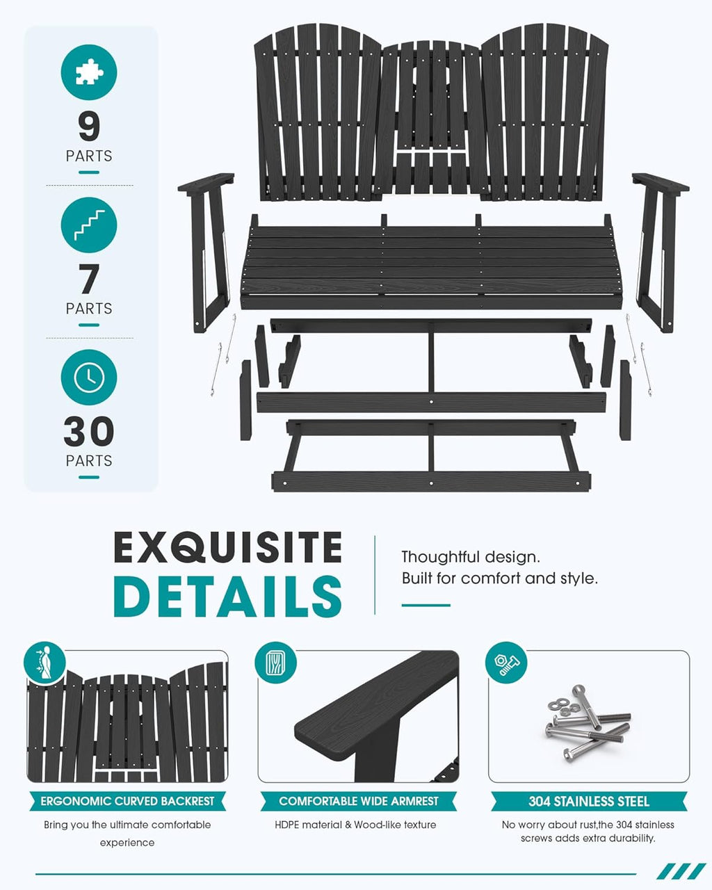 SERWALL 3 Person Outdoor Glider Bench with Cup Holder and iPad Placement,Oversized 66" HDPE Patio Glider Bench, All Weather Patio Glider Chair for Garden,Park,Yard,Front Porch,Black
