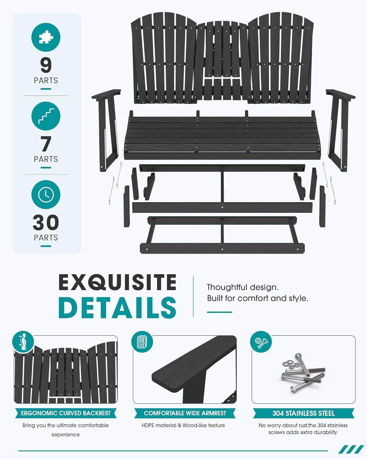 SERWALL 3 Person Outdoor Glider Bench with Cup Holder and iPad Placement,Oversized 66" HDPE Patio Glider Bench, All Weather Patio Glider Chair for Garden,Park,Yard,Front Porch,Black