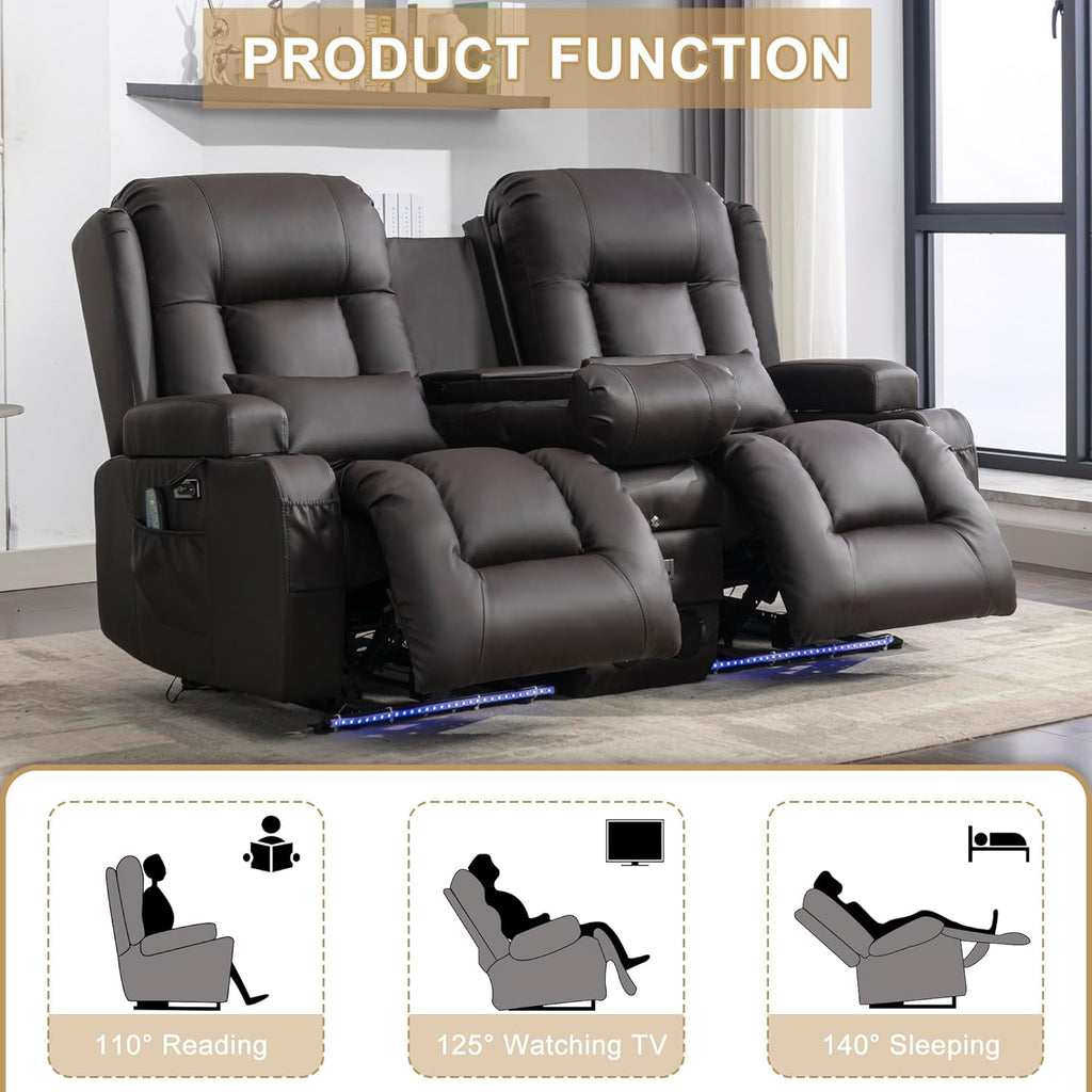 URRED Power Loveseat Recliner Sofa with Massage and Heat, Wall Hugger Reclining Loveseat with Console, RV Couch Home Theater Seating with LED Lights for Living Room (Dark Brown, 67" - 2 Seats)