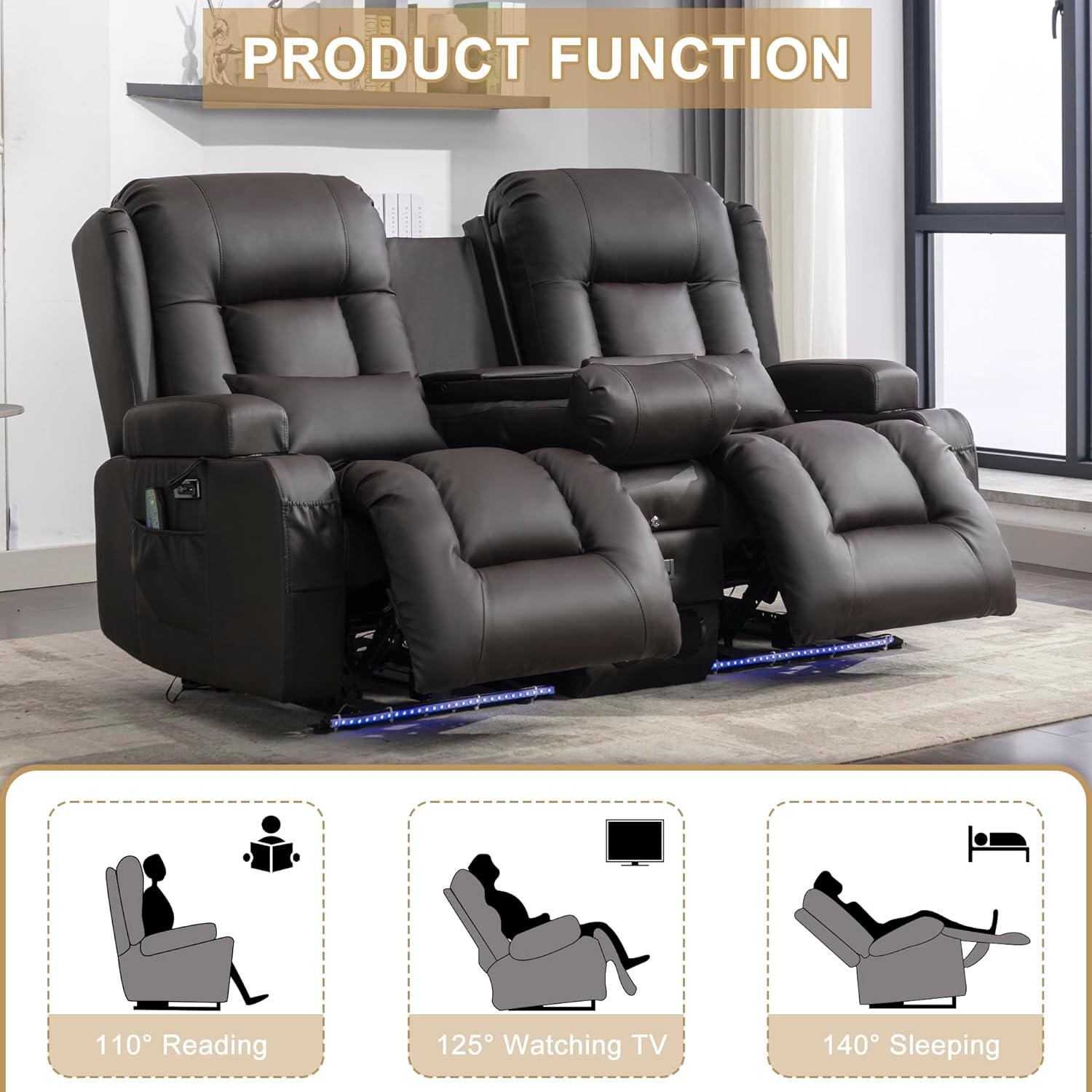 URRED Power Loveseat Recliner Sofa with Massage and Heat, Wall Hugger Reclining Loveseat with Console, RV Couch Home Theater Seating with LED Lights for Living Room (Dark Brown, 67" - 2 Seats)