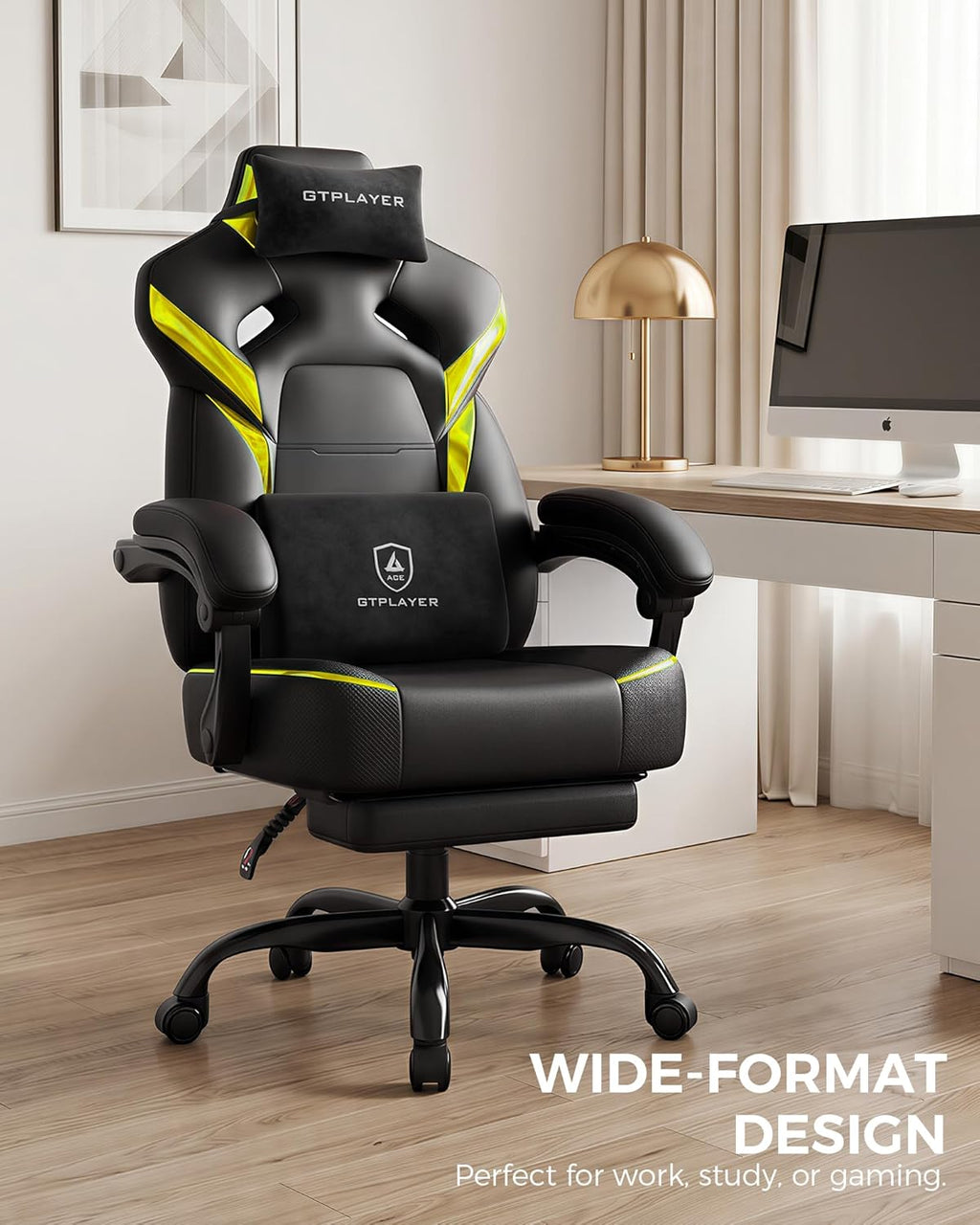 GTPLAYER Big and Tall Gaming Chair with Footrest, High Back Ergonomic Office Chair for Adults, Heavy Duty 350 lbs Capacity, Premium Leather & Iridescent Trim, ACE-Armor, Yellow
