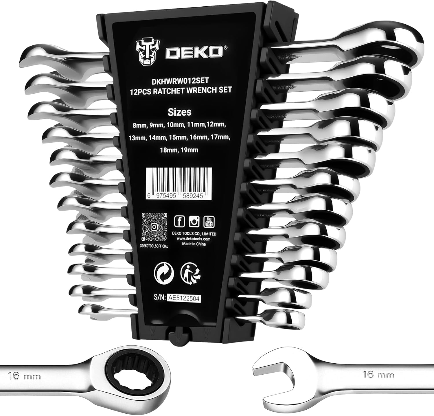 DEKOPRO 12-Piece Ratcheting Wrench Set 8-19mm Metric Standard, Fixed Head Combination Wrenches Set with Rack Organizer, Cr-V Steel, 12 Point 72 Teeth