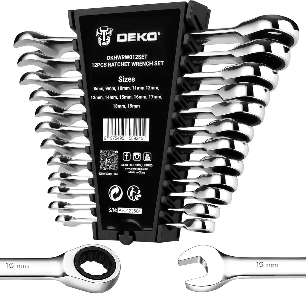 DEKOPRO 12-Piece Ratcheting Wrench Set 8-19mm Metric Standard, Fixed Head Combination Wrenches Set with Rack Organizer, Cr-V Steel, 12 Point 72 Teeth