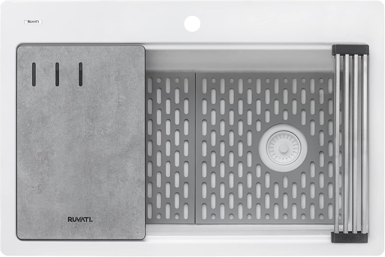 Ruvati 33-inch Granite Composite Quartz Workstation Drop-in Topmount Kitchen Sink Matte White - RVG1302WH