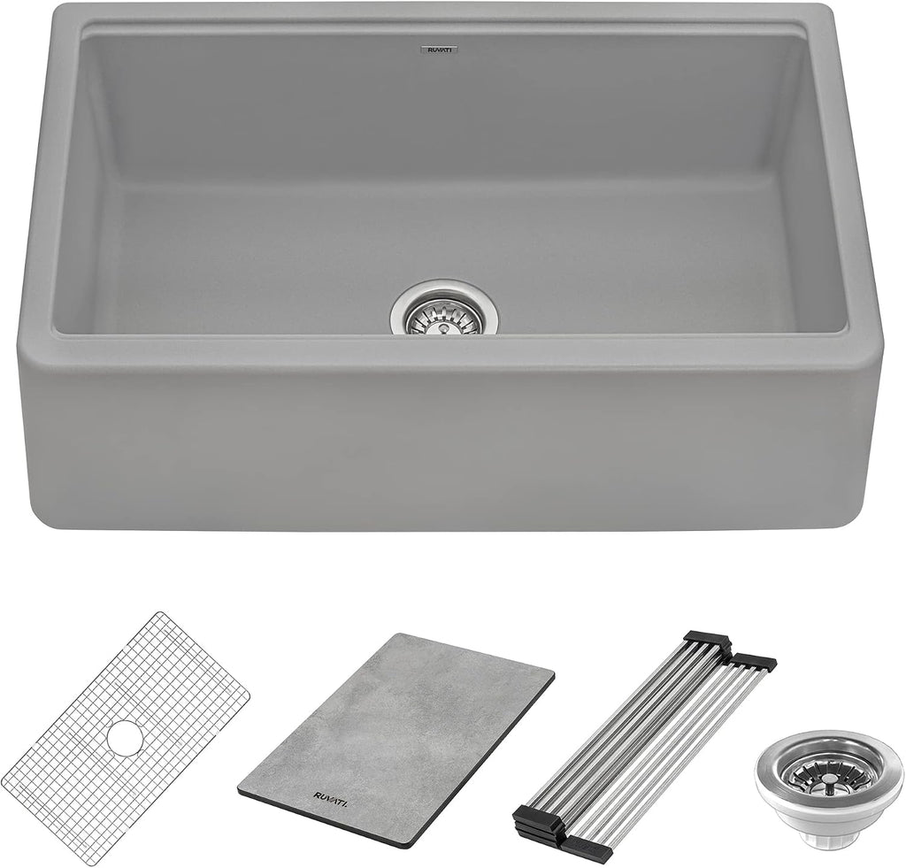 Ruvati 33-inch Matte Gray Farmhouse Granite Composite Quartz Workstation Apron-front Kitchen Sink - RVG1533GR