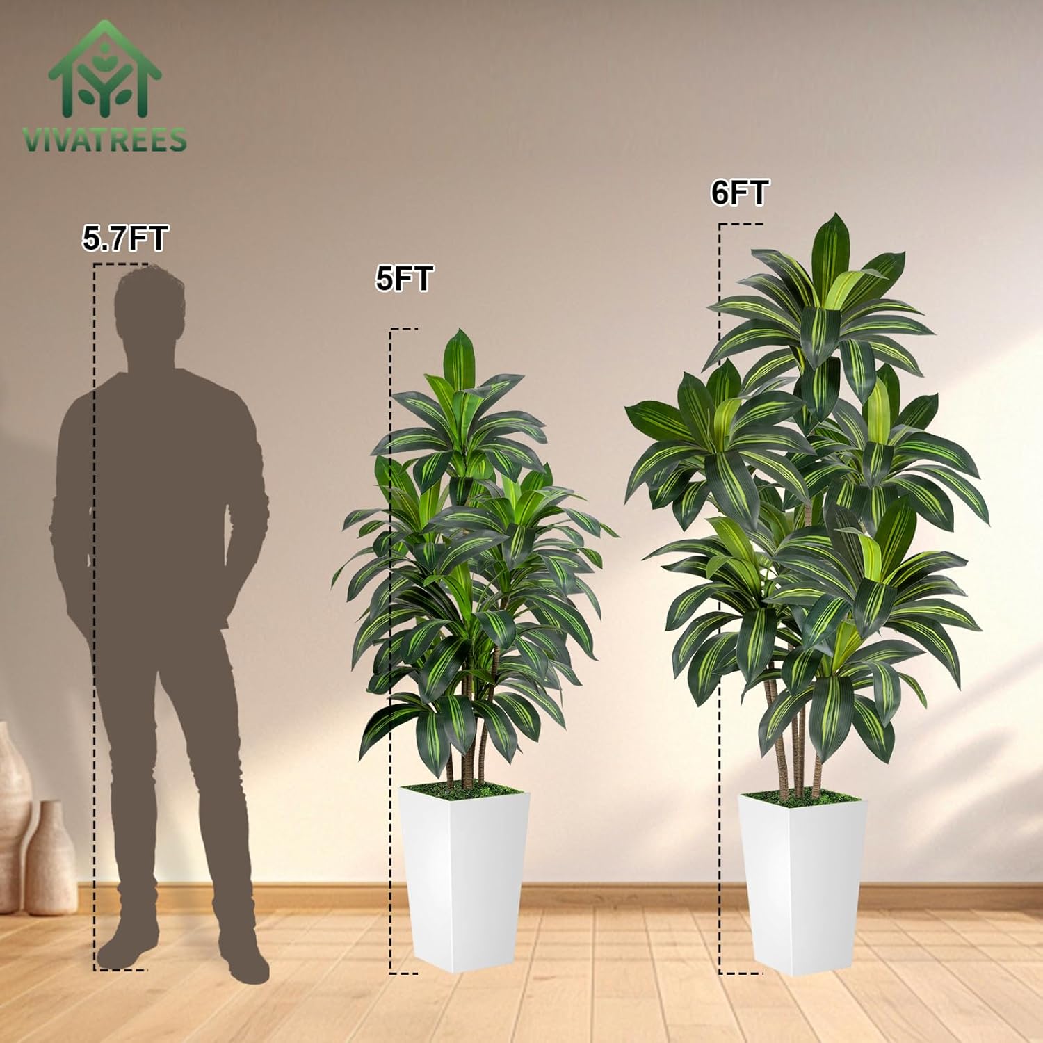 VIVATREES Dracaena Tree 6FT Artificial, 72in Tall Faux Dracaena Tree with 15.7 White Planter, Fake Potted Tree for Indoor & Outdoor Home Office Decor