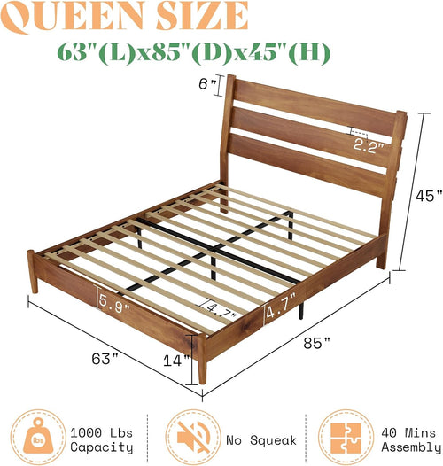 AMERLIFE Solid Wood Queen Size Bed Frame, Mid Century Modern Platform Bed Frame with Reclining Headboard, Sturdy & Noise Free, No Box Spring Needed, Light Brown