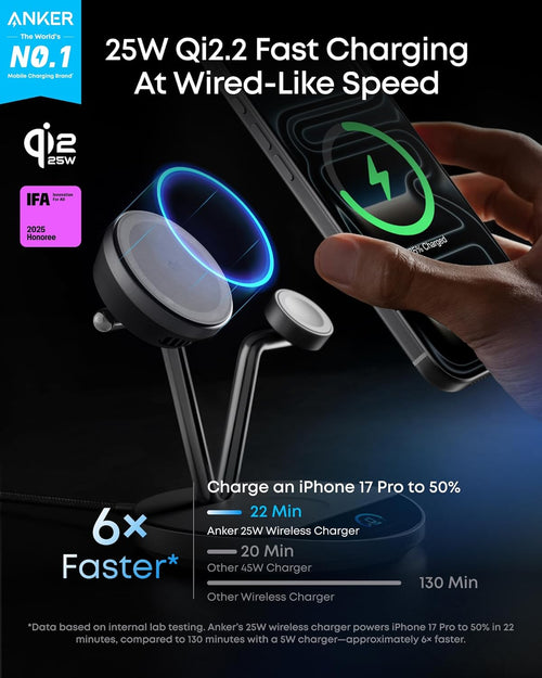 Anker Prime 3-in-1 Charging Station, Qi2.2-Certified 25W Wireless Charger Dock Stand, MagSafe Compatible, Smart Display with TEC Active Cooling, for iPhone 17, Apple Watch, AirPods, and More