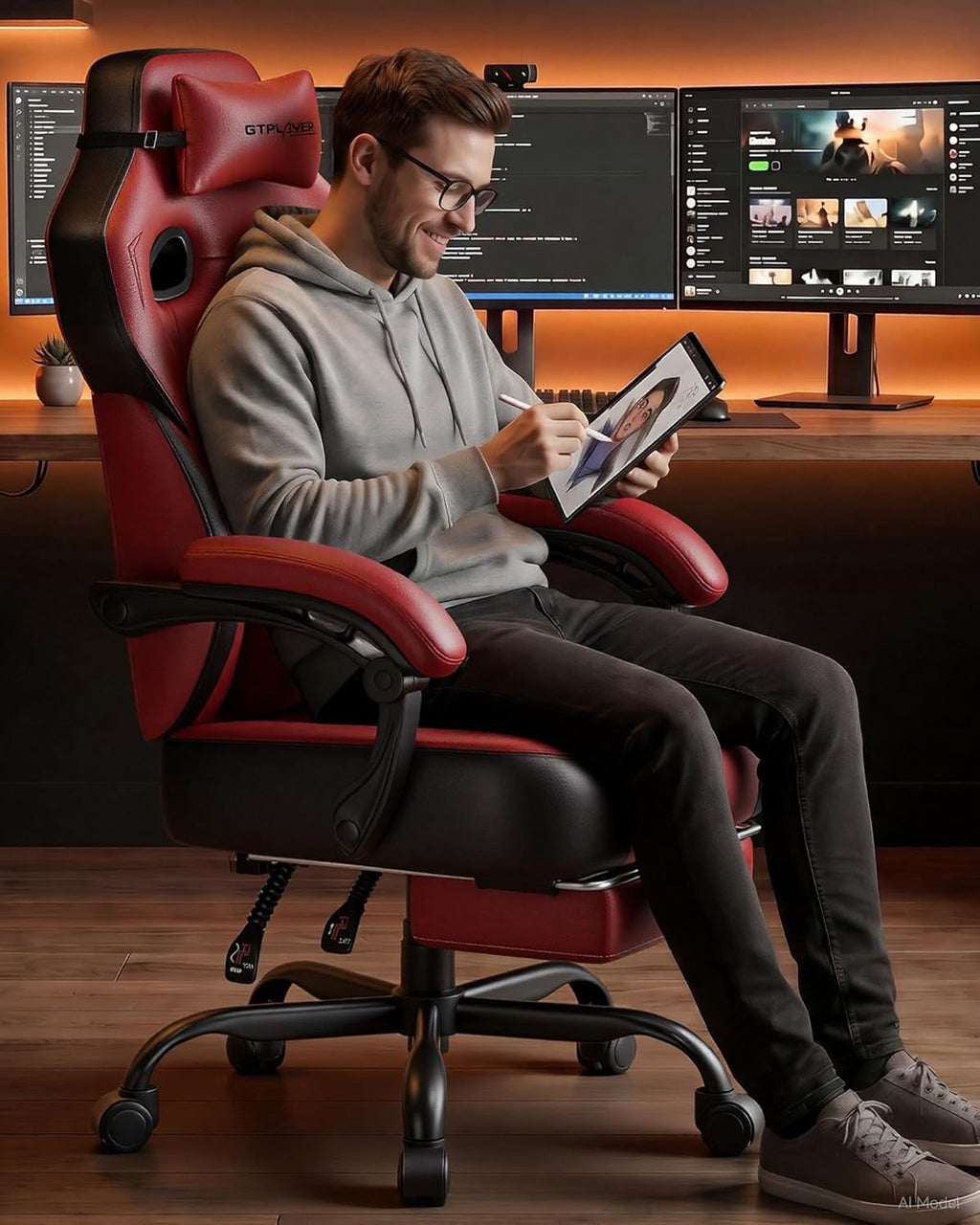 GTPLAYER Big & Tall Gaming Chair, 90°-155° Adjustable Reclining Office Seat with Footrest, Ergonomic Comfy Computer Desk Chair for Adults, Home Office Gaming Study Use, Wine Red (Leather)