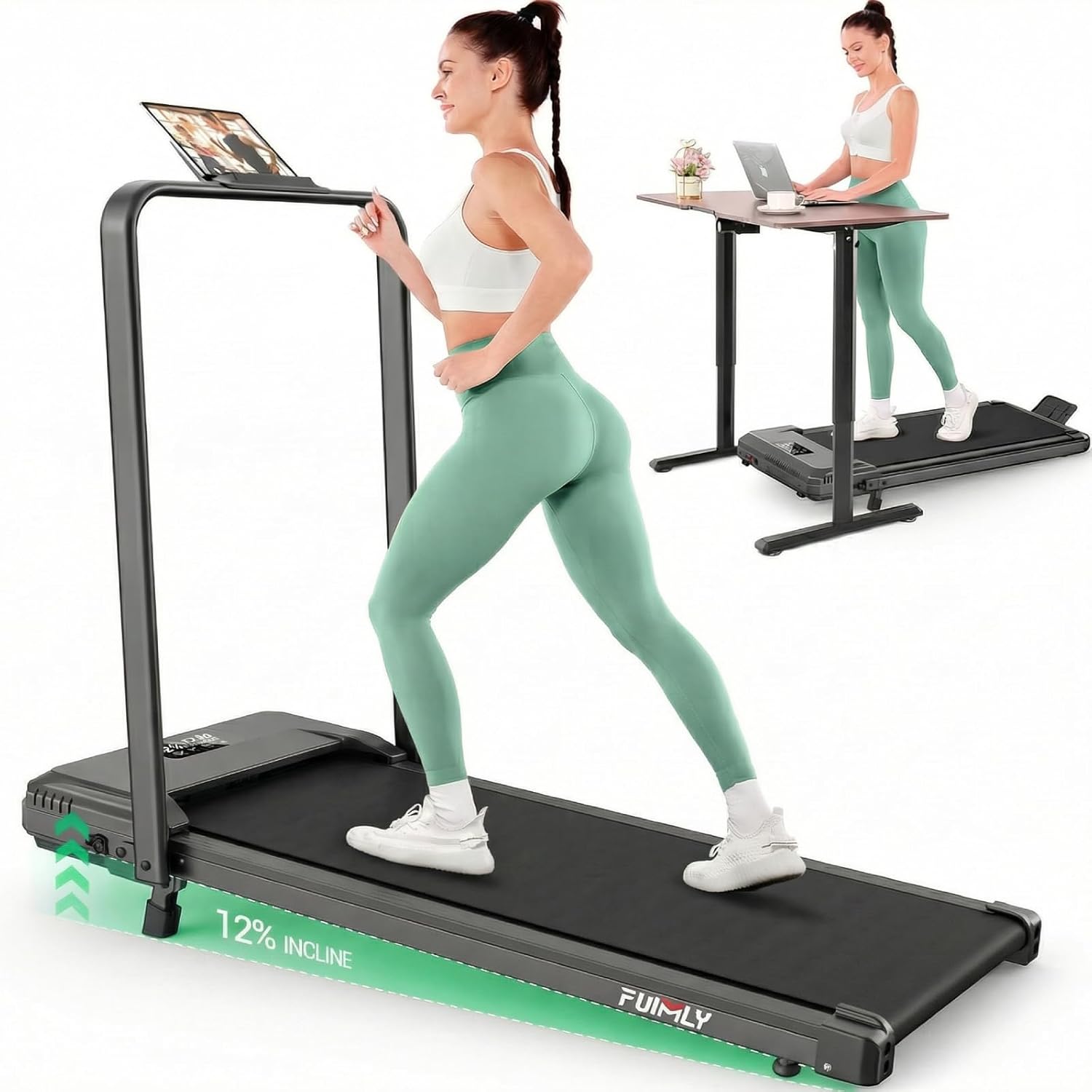 FUNMILY Walking Pad Treadmill with Incline, Foldable Treadmills for Home Office, Portable Walking Pad 300lbs Capacity, Remote Control, Led Touch Screen, 2s Folding Treadmill