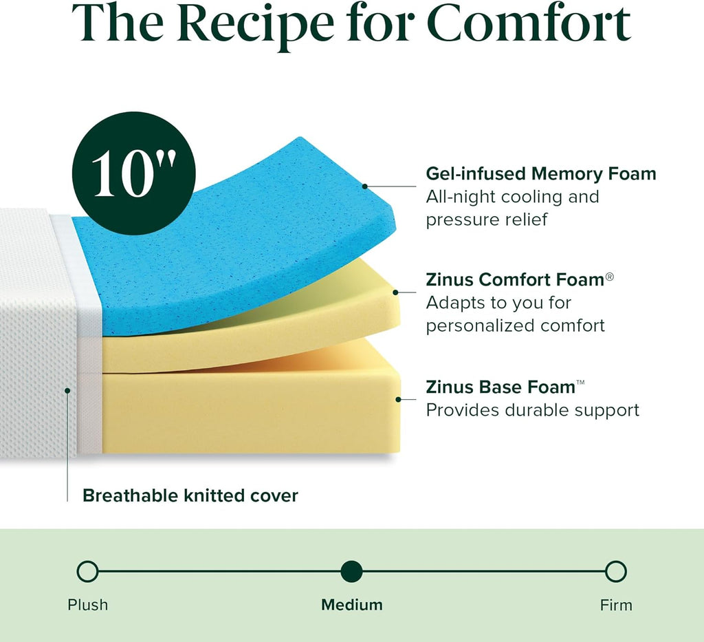 Zinus 10 Inch Green Tea Cooling Memory Foam Mattress [New Version], Queen, Fiberglass Free, Medium Firmness, Cooling Gel Foam, Certified Safe Foams & Fabric, Mattress in A Box