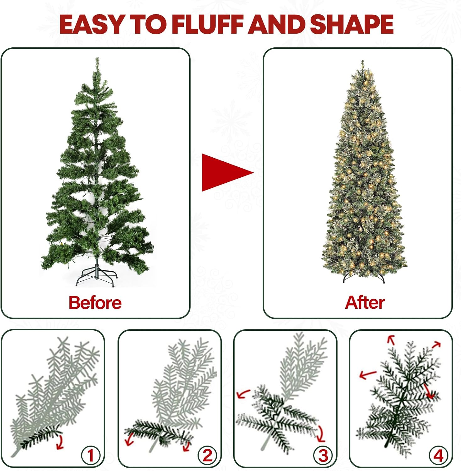 6 ft Lighted Pencil Slim Christmas Tree, Artificial Christmas Tree with 200 Warm White LED Lights, 544 PVC Tips, Foldable Metal Stand and Hinged Branches for Decor, Party