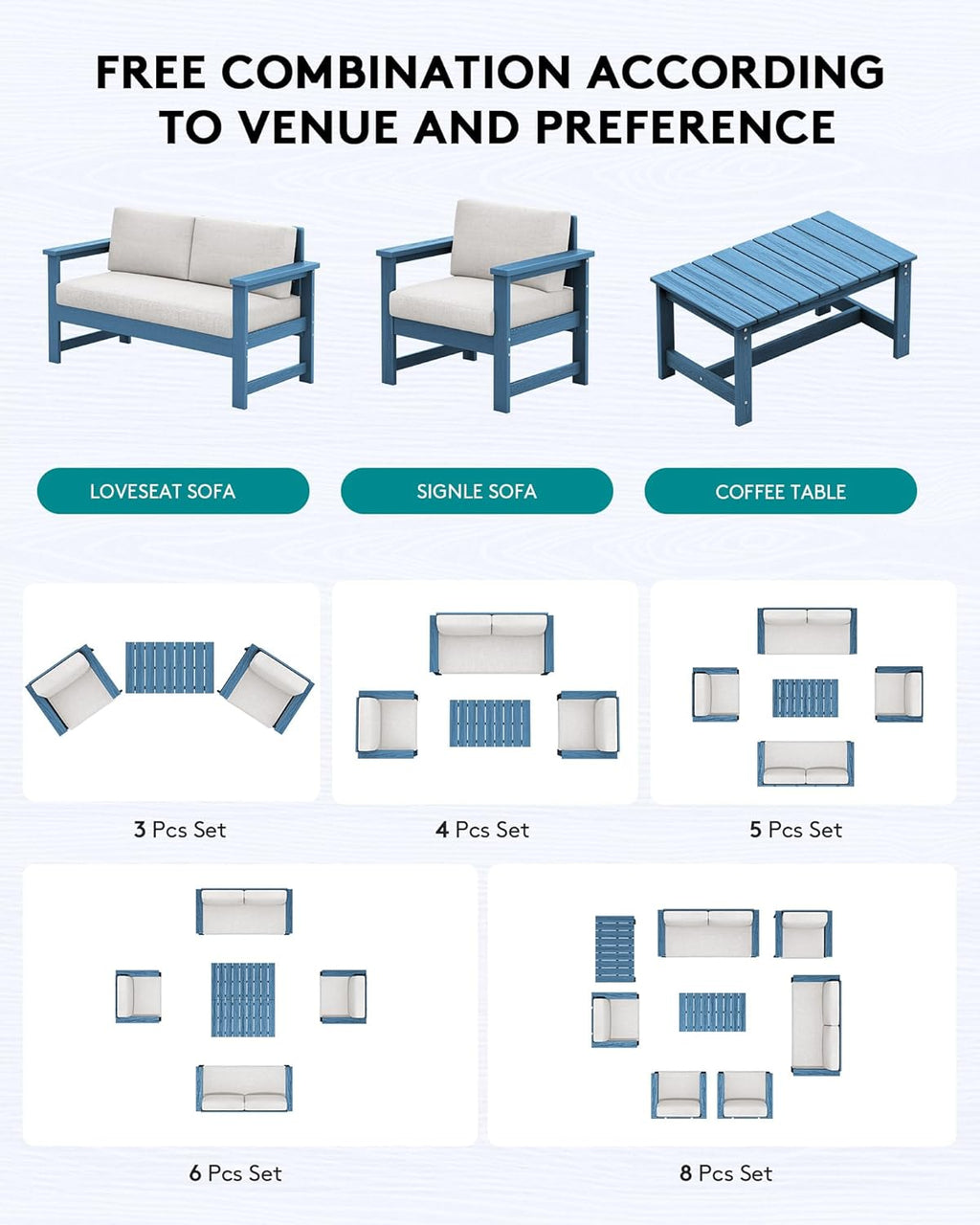 SERWALL 3 Pieces HDPE Outdoor Sofa Bistro Set with Cushion, Patio Outdoor Furniture Sofa Sets with Porch Chairs and Coffee Table, Blue Frame/Khaki Cushion