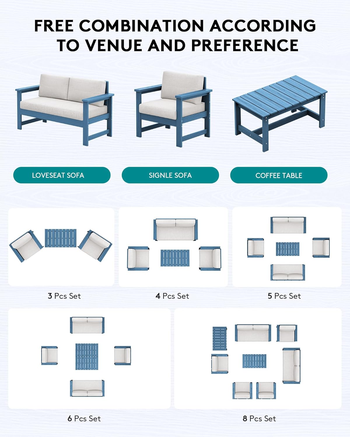 SERWALL 3 Pieces HDPE Outdoor Sofa Bistro Set with Cushion, Patio Outdoor Furniture Sofa Sets with Porch Chairs and Coffee Table, Blue Frame/Khaki Cushion