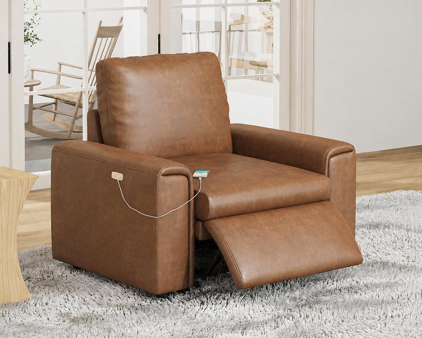AMERLIFE 44” Power Recliner Chair with 8.5” Wide Armrests, Single Electric Reclining Sofa with USB Charging Port, Leather Recliner for Living Room, Brown