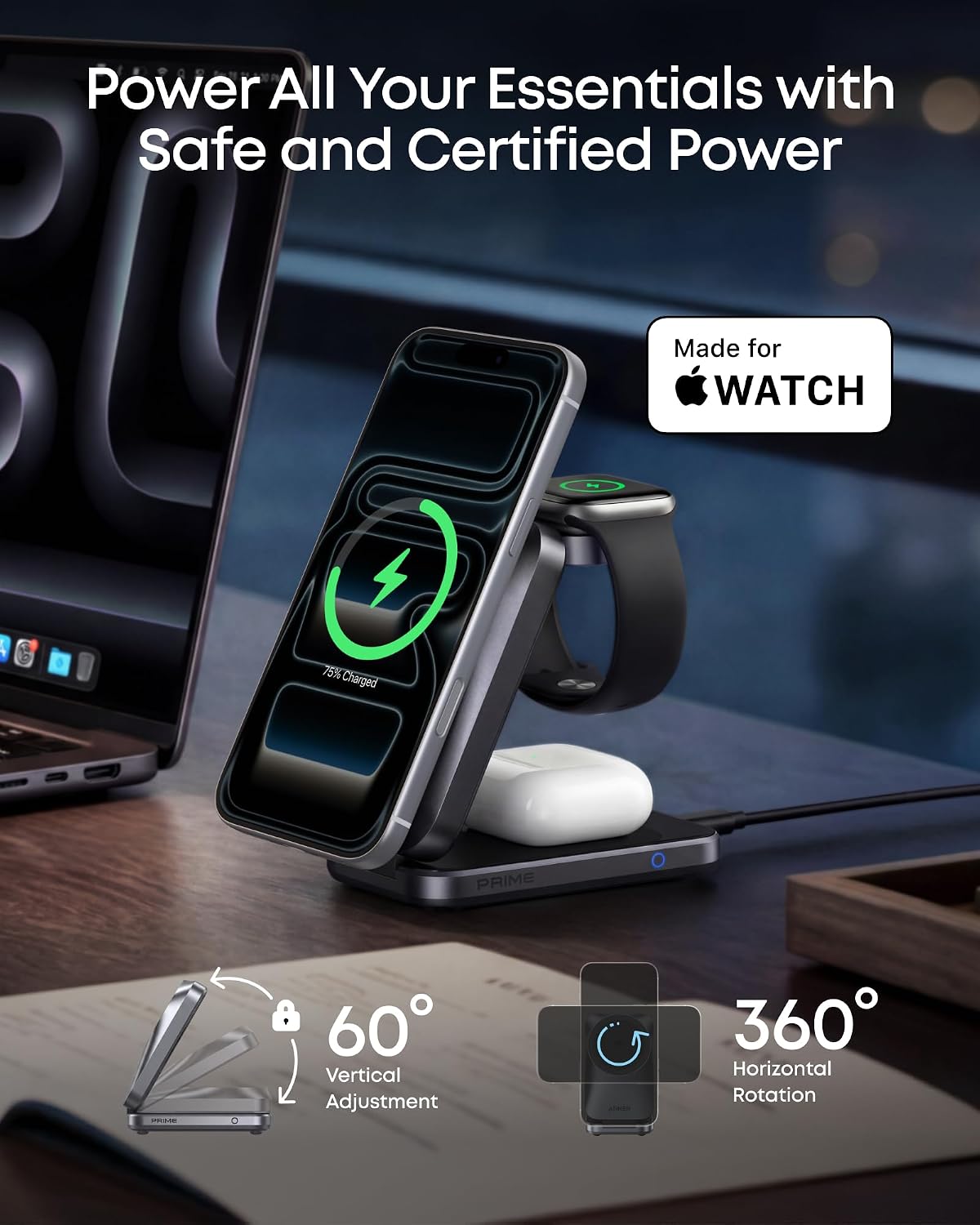 Anker Prime Foldable MagSafe Charger, 25W Qi2.2-Certified Palm-Sized Travel-Ready 3-in-1 Charging Station, AirCool Wireless Charger, for iPhone 17, Apple Watch, AirPods (Non-Battery, with Adapter)