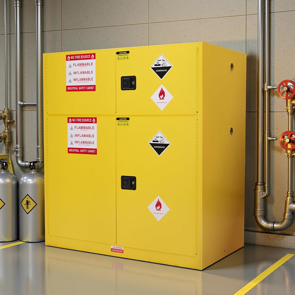 SPECRAFT 125 Gallon Flammable Cabinet, 65x59x34 Inch, 2 Independent Storage with Adjustable Galvanized Shelves, Cold-Rolled Steel, OSHA & CE Certified for Industrial, Commercial Use, Yellow
