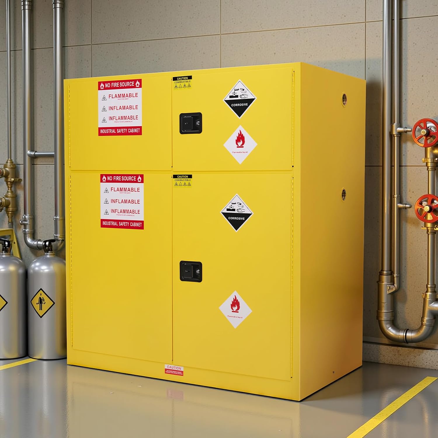 SPECRAFT 125 Gallon Flammable Cabinet, 65x59x34 Inch, 2 Independent Storage with Adjustable Galvanized Shelves, Cold-Rolled Steel, OSHA & CE Certified for Industrial, Commercial Use, Yellow