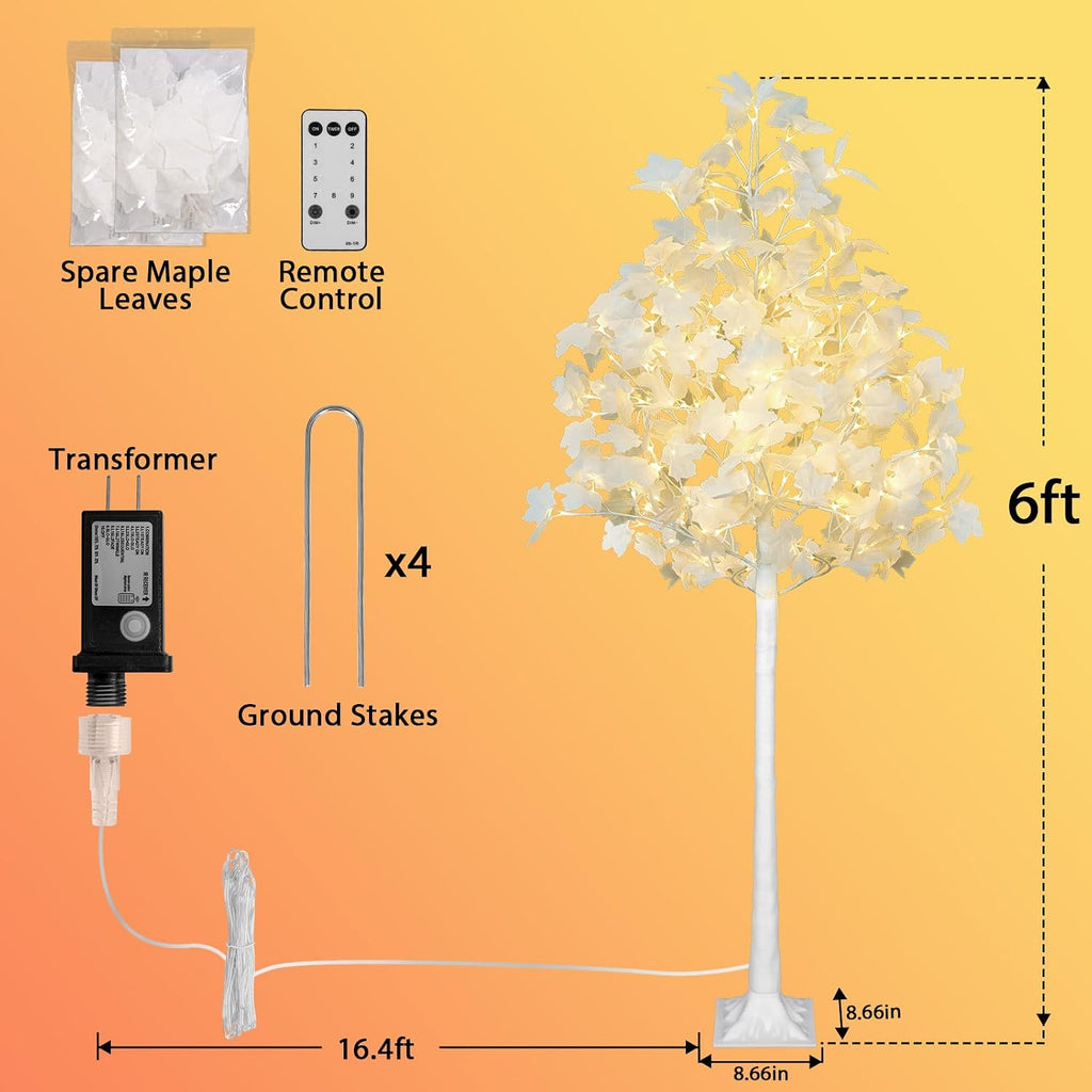 VIVATREES 6FT 120LED Lighted Maple Tree with White Leaves, Dual-Tone Lights (Cold & Warm White), Artificial Tree for Home, Festival, Party Indoor and Outdoor