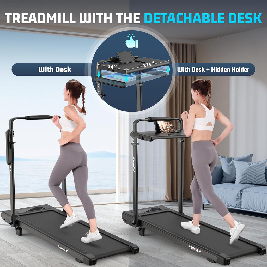 Walking Pad Treadmill with Desk Workstation, 15% Incline Treadmill with Handle Bar, Foldable Treadmills Under Desk for Home/Office, 400 lbs+ Capacity, Adjustable Height, Removable Desk, 3.5HP Motor