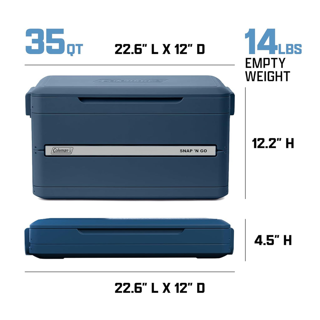 Coleman Snap 'N Go 35-Quart Collapsible Hard Cooler, Portable Hard-Sided Cooler with Waterproof Removable Liner, Spacing-Saving & Quick Set Up, 48 Hours Cold, Sapphire Blue