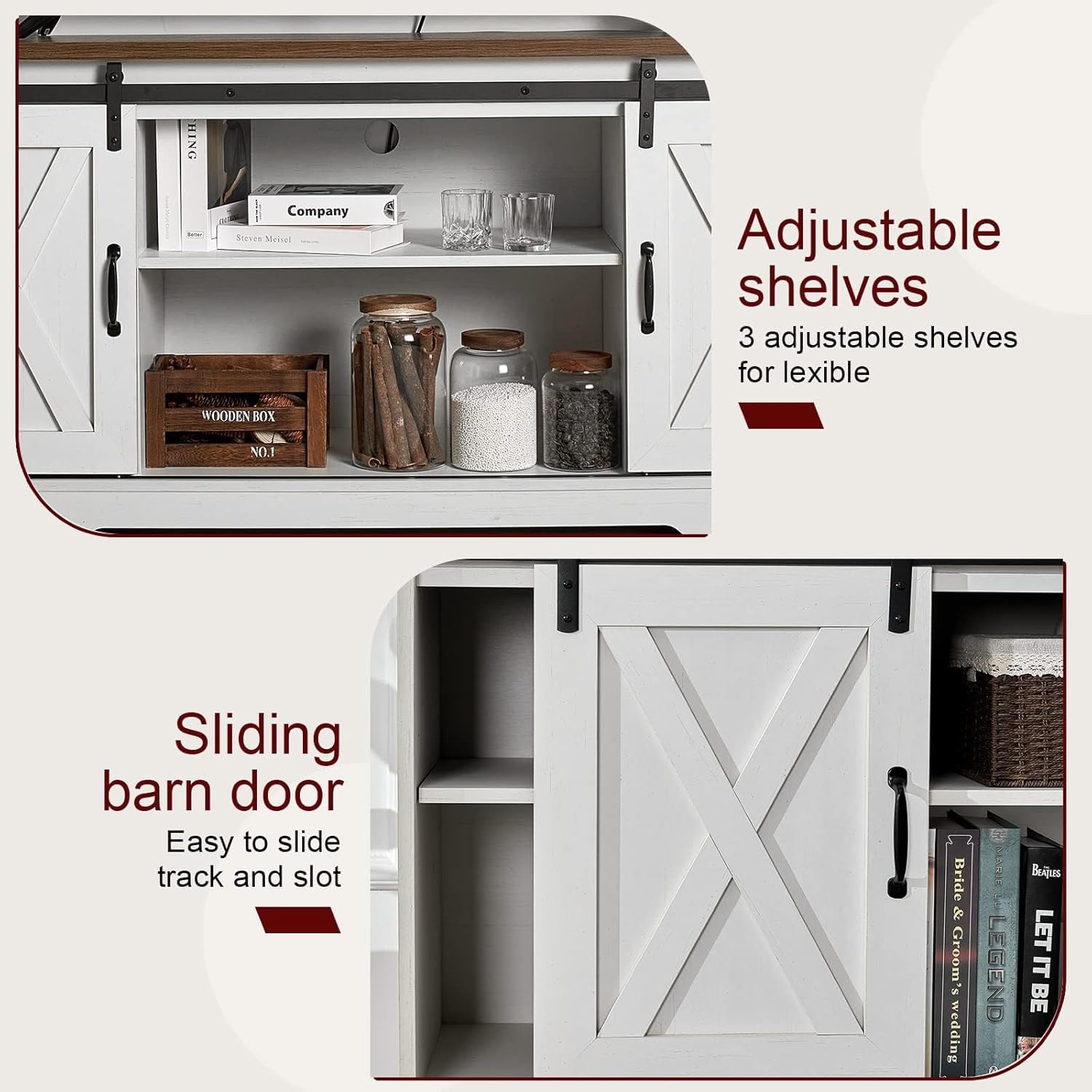 AMERLIFE 4-Piece Farmhouse Table Set Includes Sliding Barn Door TV Stand, Coffee Table& Two End Tables, Side Table with Charging Station and USB Ports for Living Room, Distressed White, 66"