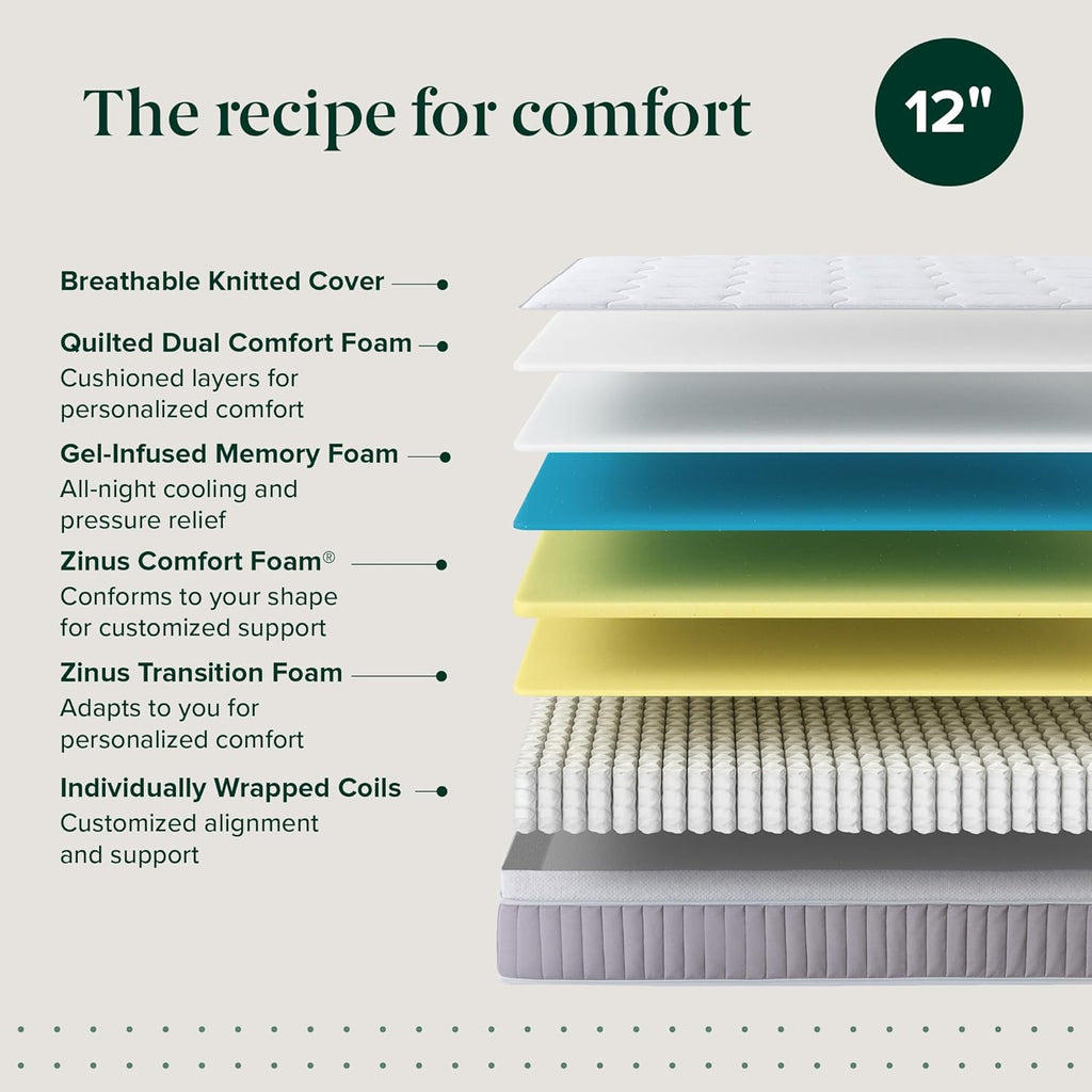 Zinus Cool Support 12 Inch Hybrid Mattress, Cooling Gel Memory Foam, Heavy Duty Individually Wrapped Coils, Soothing Pressure Relief, Medium Firm Feel, CertiPUR-US Certified, Queen