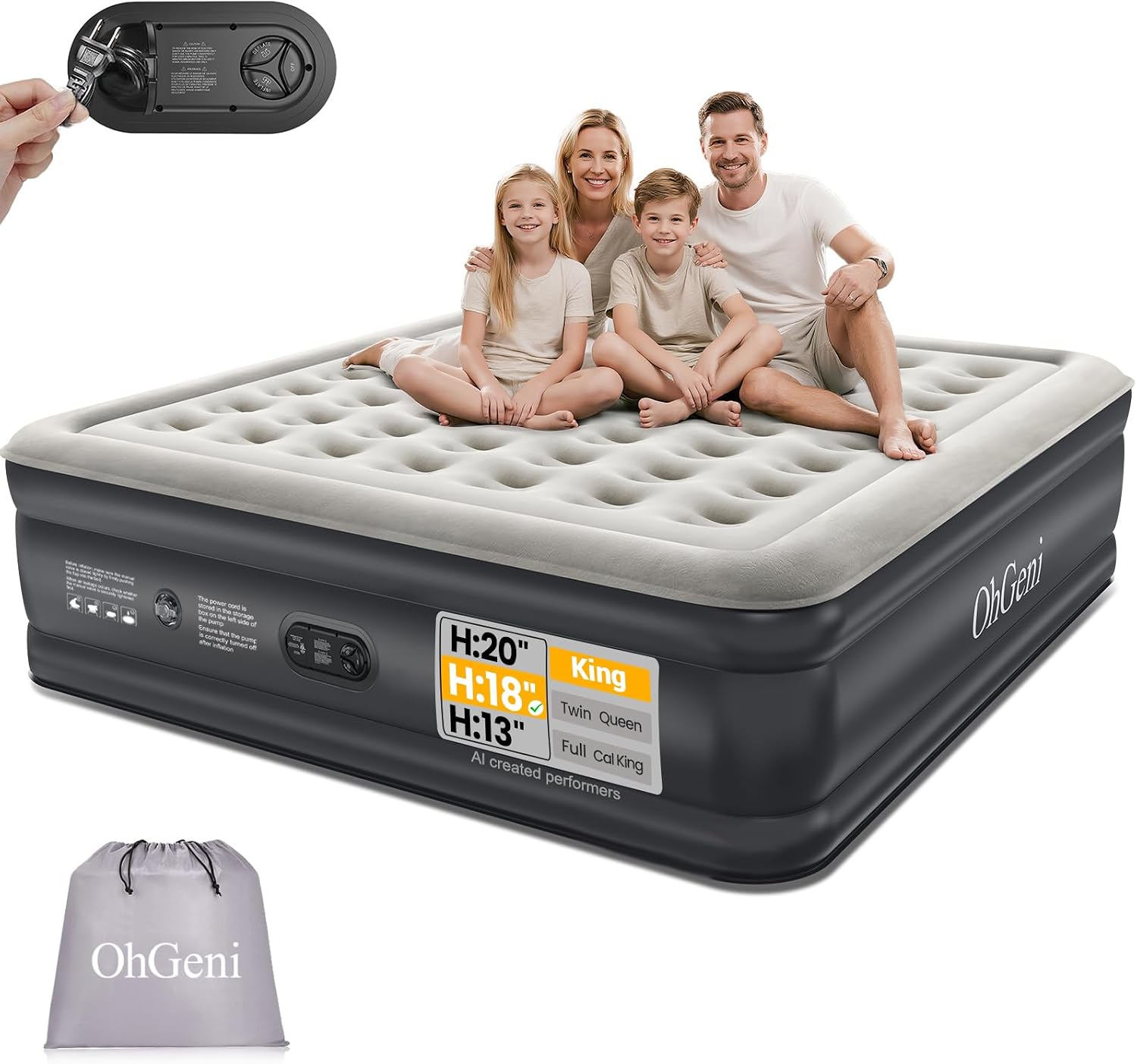 OhGeni King Size Air Mattress with Built in Pump, Family Choice Award Winner, 18'' Comfortable Blow Up Colchones Inflables Mattress for Home, Guests, Portable Air Bed, 700 lbs