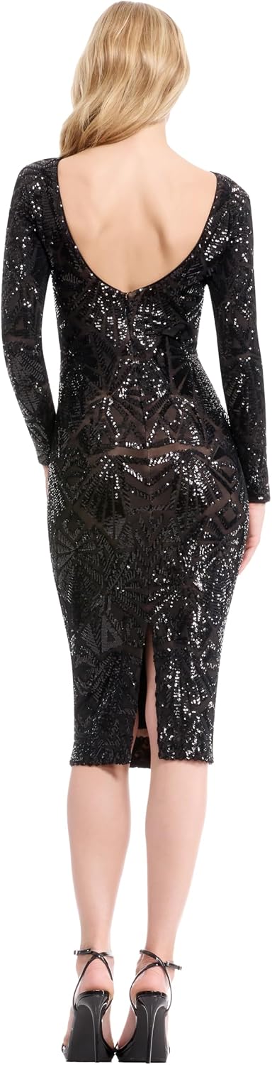 Dress The Population Womens Emery Long Sleeve Stretch Sequin Midi Sheath Ddr147