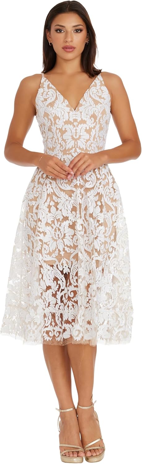 Dress the Population Womens Blair Plunging Fit and Flare Midi Dress