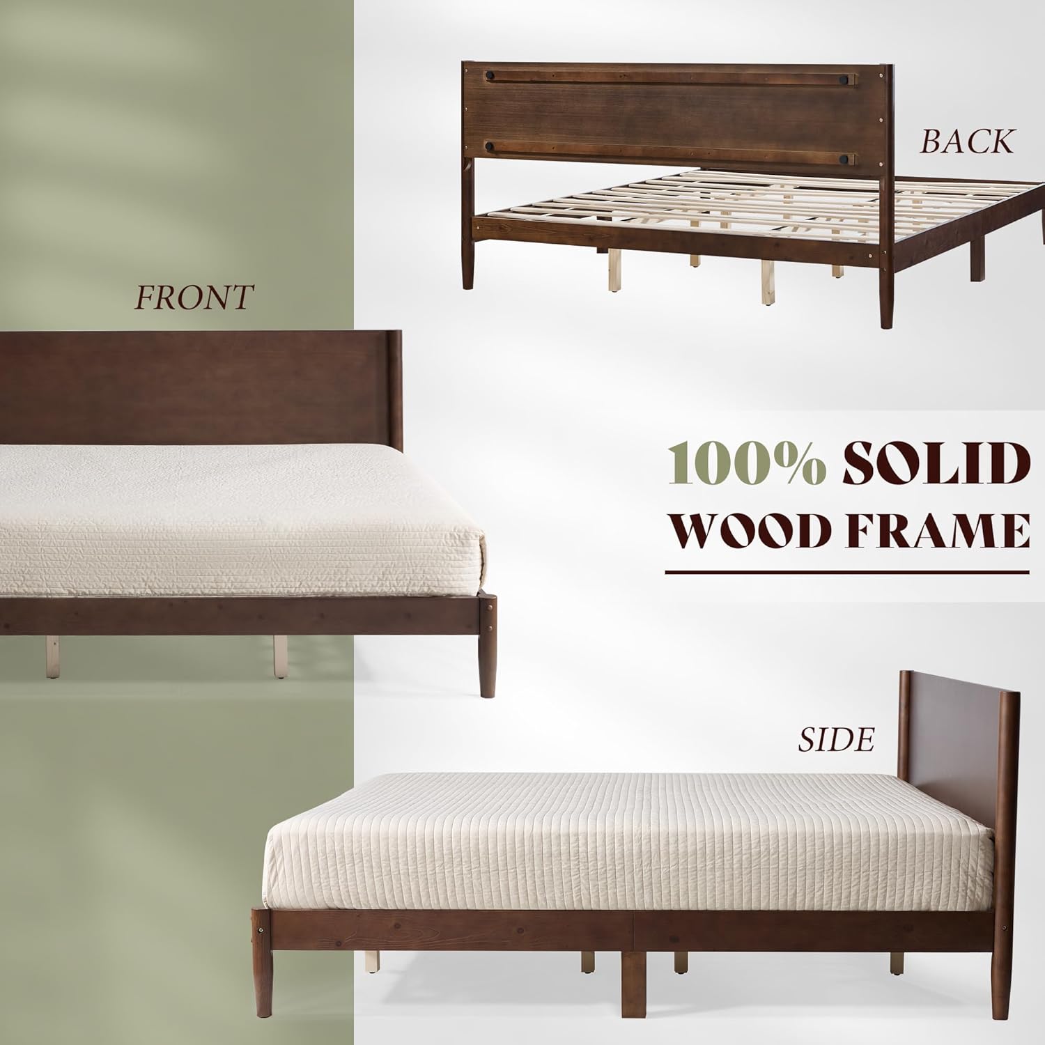 AMERLIFE Solid Wood Queen Bed Frame, Mid Century Modern Platform Bed with Full Panel Headboard, Wooden Bed with Cylindrical Legs, No Box Spring Needed & Noise-Free, Under-Bed Storage, Dark Walnut