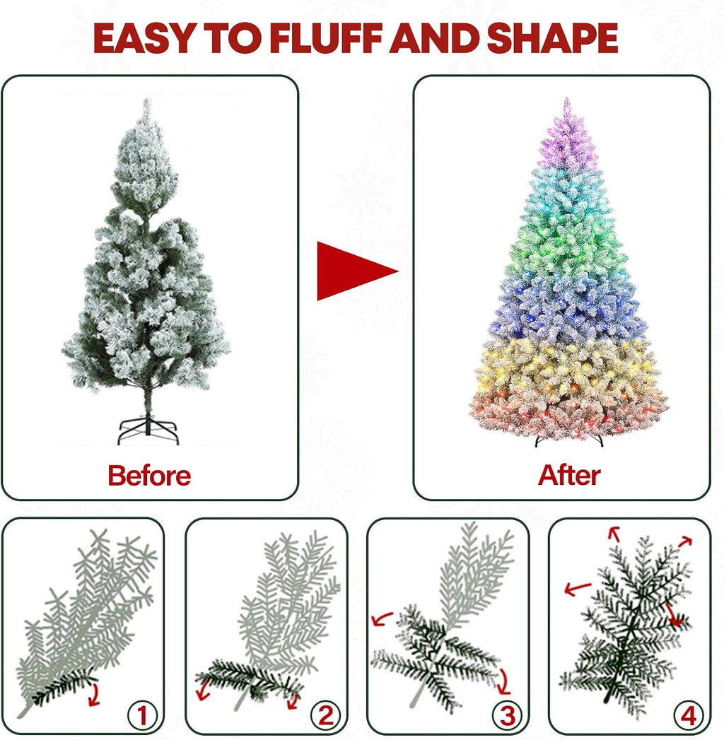 7.5ft Lighted Snow Flocked Christmas Tree with Remote Control, 450 Multi-Color RGB Lights, 1446 PVC Branch Tips, 15 Mode Artificial Hinged Christmas Tree for Home