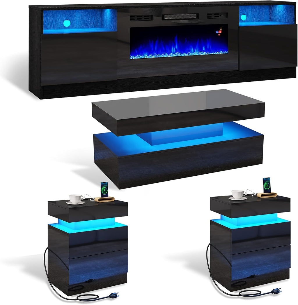 AMERLIFE 4-Piece Modern High Gloss Living Room Table Set, 70" Fireplace TV Stand, 39.4" Coffee Table with 2-Tier Storage, End Table Set of 2 with Charging Station, LED Lights/Black