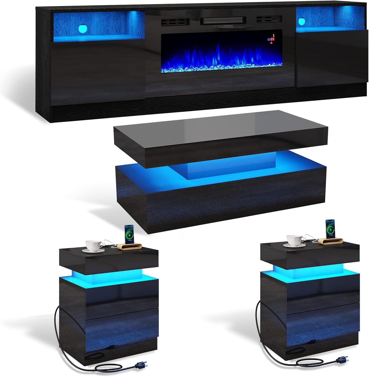 AMERLIFE 4-Piece Modern High Gloss Living Room Table Set, 70" Fireplace TV Stand, 39.4" Coffee Table with 2-Tier Storage, End Table Set of 2 with Charging Station, LED Lights/Black