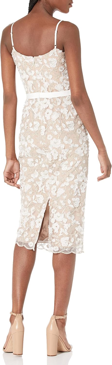 Dress The Population Womens Emma V Neck Embroidered Sleeveless Belted Midi DressDress