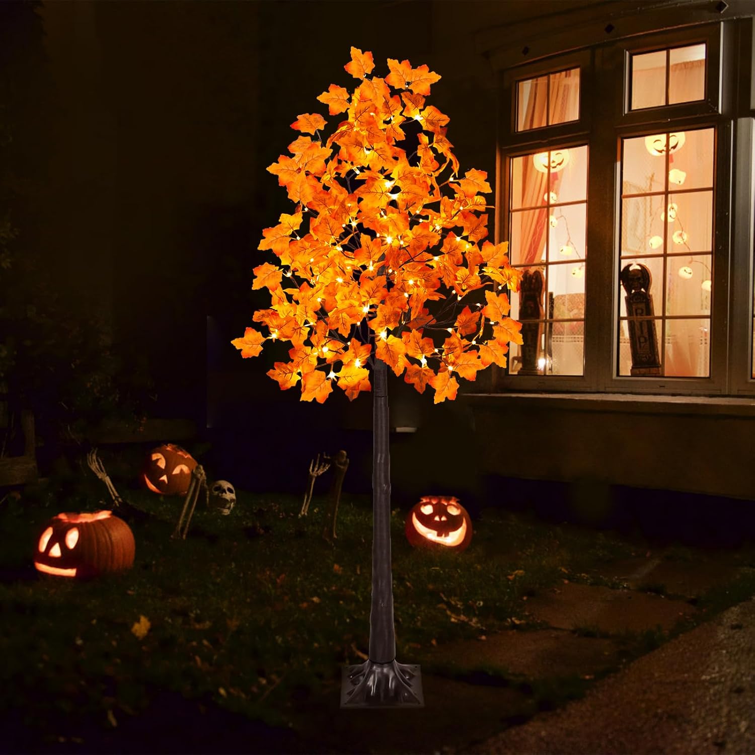 VIVATREES 5FT Artificial Lighted Maple Tree with 96 LEDs, Fall Tree with Warm White Lights for Indoor Outdoor Autumn Halloween Thanksgiving Decor